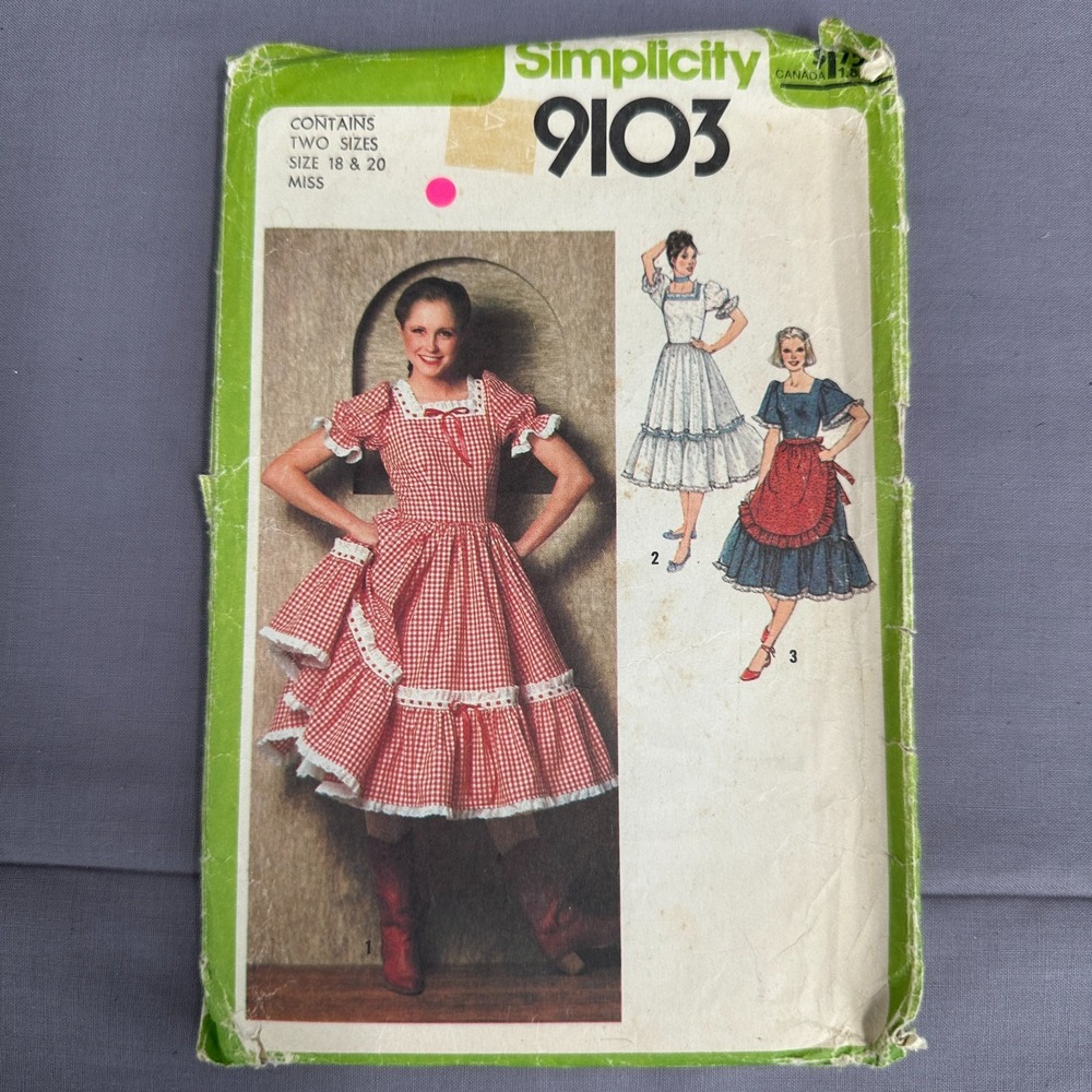 Simplicity 9103 Vintage 70s Misses Prairie Western Dress Apron Pattern Sz 18 20